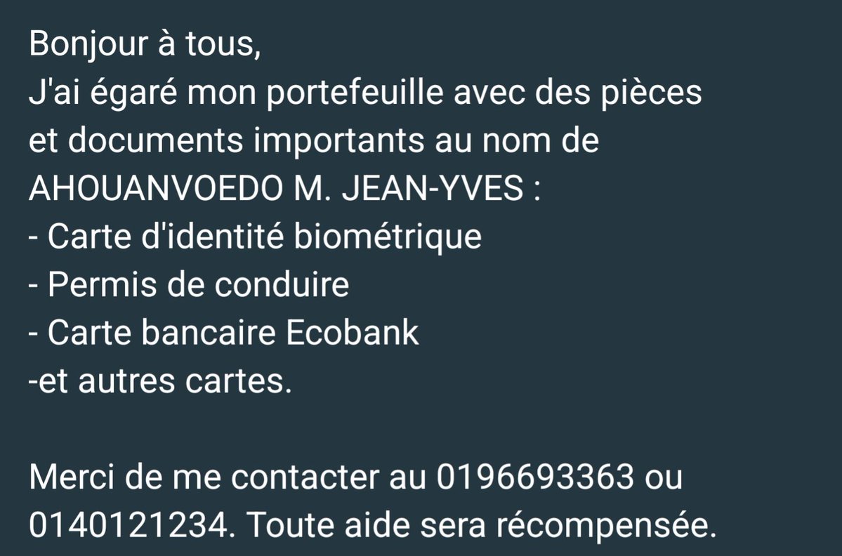 So j'ai perdu mon portefeuille,une pochette en cuir de couleur marron avec mes pièces dedans. Prière partager pour m'aider à retrouver.