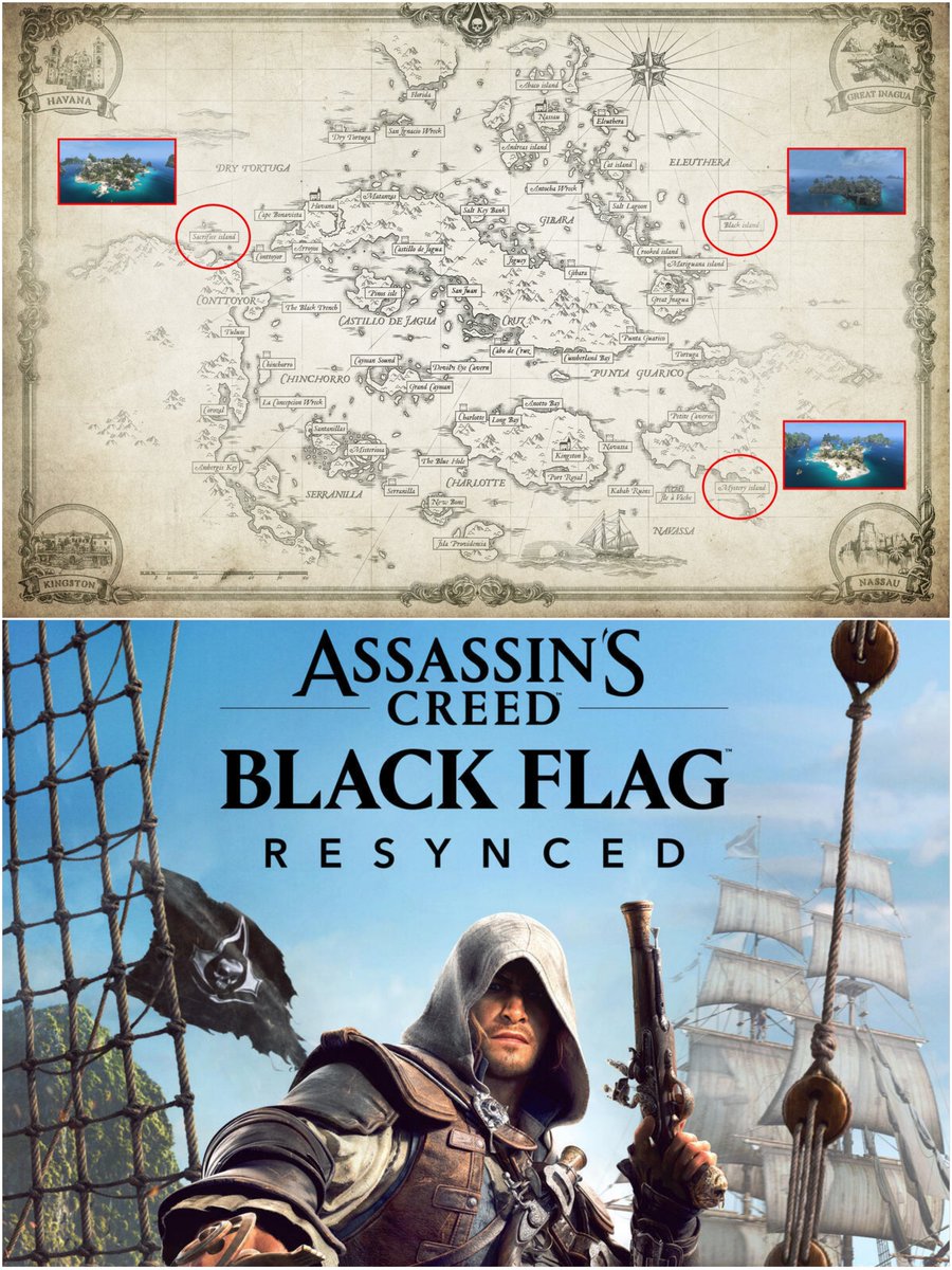 Assassin's Creed Black Flag Resynced will include areas of the Caribbean Map that were DLC for the original game.

🔸 Black Island
🔸 Mystery Island
🔸 Sacrifice Island

All three islands were part of the Illustrious Pirates Pack DLC for Assassin's Creed IV Black Flag.

(Via