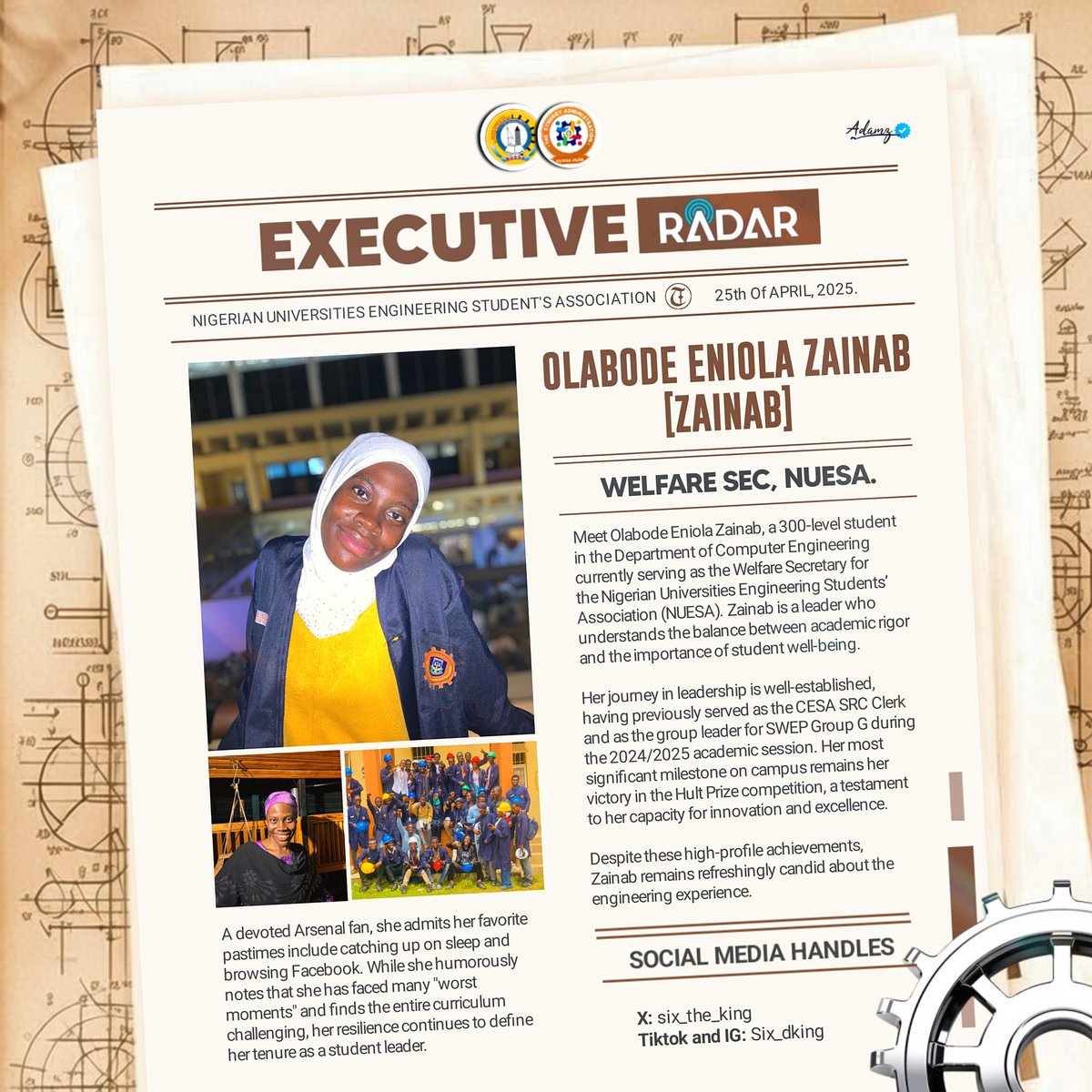 unilorin_nuesa's tweet photo. EXECUTIVE RADAR 📡
Spotlight on Olabode Zainab Eniola, WELFARE SEC, NUESA.

We are excited to shine the "Executive Radar" on Olabode Eniola Zainab, the current Welfare Secretary of NUESA. A 300-level Computer Engineering student, Zainab is a dedicated leader committed to student well-being.
From serving as CESA SRC Clerk to leading her SWEP group and achieving victory in the Hult Prize competition, Zainab's journey is one of resilience and excellence. A Dedicated Arsenal fan. ❤️