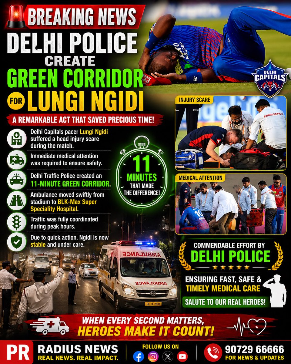 PrRadiusNEWS's tweet photo. When every second matters… heroes step in! 🚑
Delhi Police created an 11-minute green corridor to save Lungi Ngidi.
Swift action. Real impact. 🙏
#DelhiPolice #GreenCorridor #LungiNgidi
#RealHeroes #EmergencyResponse #LifeSaving
#CricketNews #DelhiCapitals #Respect
#TimelyAction #SaveLives #IndiaNews
#PRRadiusNews #BreakingNews 🚨
