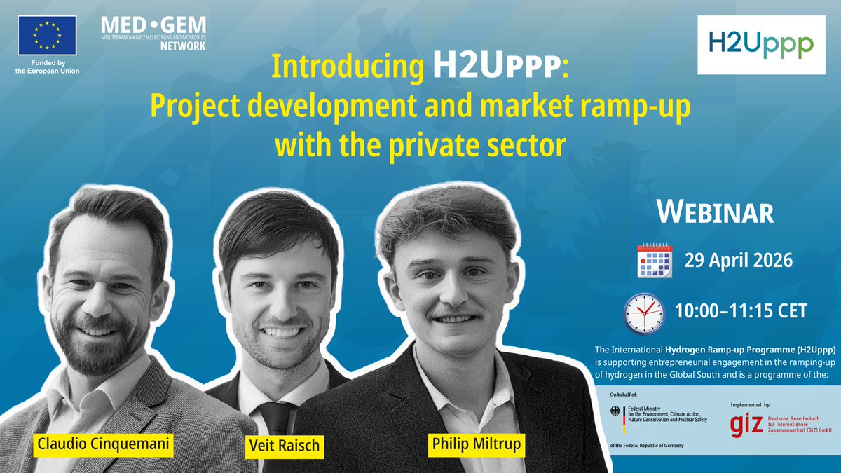 medgem_network's tweet image. Green #hydrogen is moving from ambition to execution. Join the H2Uppp x MED-GEM webinar with Claudio Cinquemani, Veit Raisch &amp;amp; Philip Miltrup to explore how hydrogen projects are developed and scaled in emerging economies. 29 Apr 2026 10:00–11:15 CET
👉 mailchi.mp/med-gem.eu/h2u…