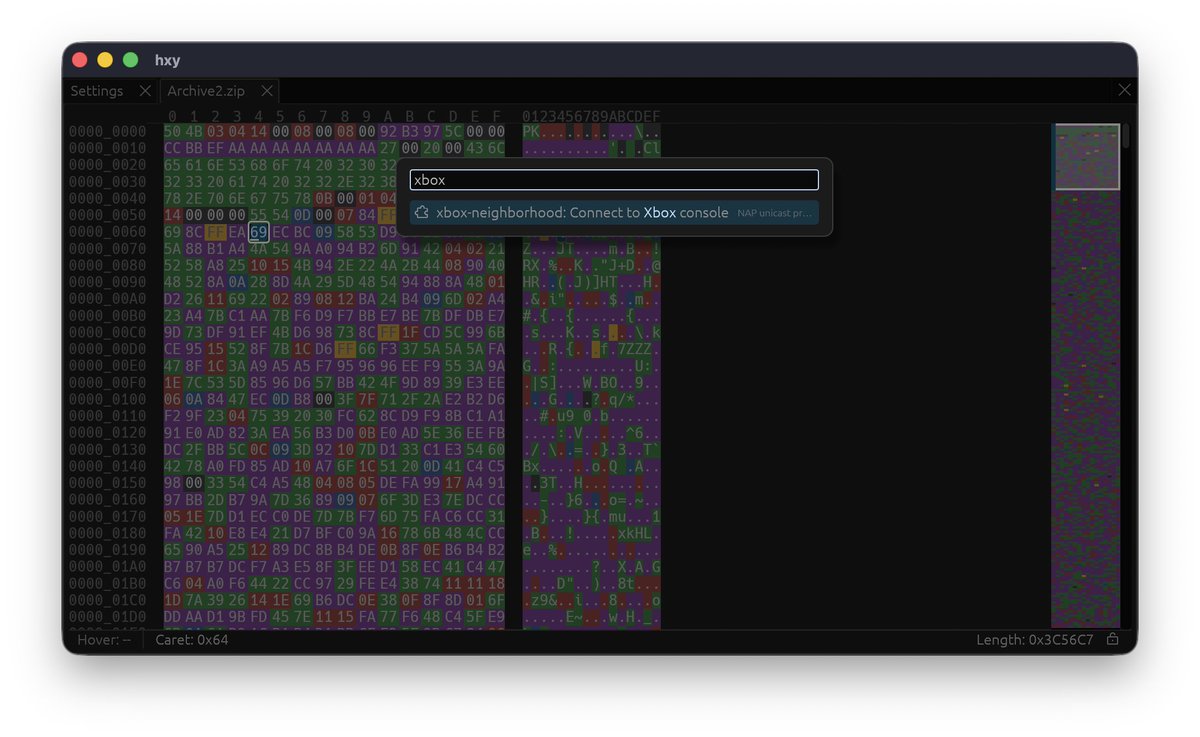 landaire's tweet photo. With a small WASM plugin model I can now write WASM plugins can expose a VFS. Here I've connected to an Xbox 360 dev kit and can view memory mappings, loaded modules, physical storage, etc. and edit any of it all within the hex editor. https://t.co/xUidsCHqRl