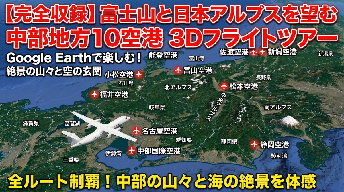 eizaburotwo's tweet photo. 鳥の視点で大パノラマを体感🦅✨ 富士山と日本アルプスを越え、中部地方の10空港を巡る3Dフライトツアー！ 空から見下ろす美しい山並みや地形は、飛行機や地理好きにはたまらない絶景です。スマホが最高の特等���に✈️ 
https://t.co/e5tTpgN00L
#絶景フライト #GoogleEarth #富士山 #日本アルプス #地形 https://t.co/iTqRCe46X0