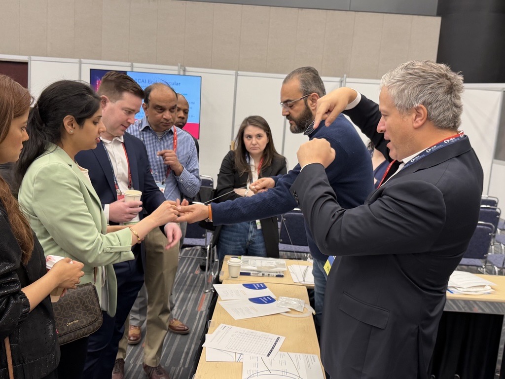 SCAI's tweet image. Hands-on at #SCAI2026—Fellows Summit attendees dive into endovascular fundamentals, rotating through small-group, faculty-led stations on sheaths, guidewires, crossing catheters, and closure devices.

#InterventionalCardiology @DrDrewKleinPHI @JayMathewsMD @monteleoneMD @dandu_n