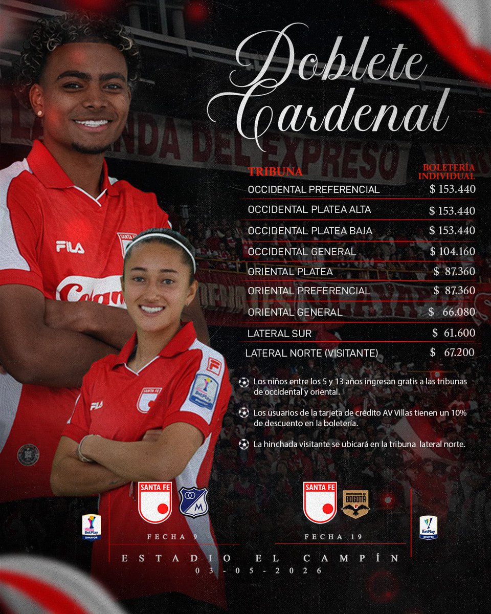 SantaFe's tweet image. ¡Doblete Cardenal 🇮🇩: Por la clasificación del León 🦁 y el Clásico Capitalino de las #Leonas 🔥!

Todos seremos importantes en esta jornada especial 🤩 ¡Nos vemos en El Campín! 🏟️

🎟️ Boletería disponible 👉🏻 bit.ly/4cGm0vD