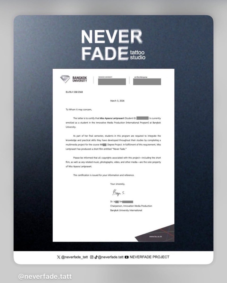 CERTIFICAÇÃO OFICIAL CONSAGRA “NEVER FADE” COMO MARCO AUTORAL DE APSARA LERTPRASERT

Um projeto acadêmico que transcende a estética e se transforma em narrativa autoral de impacto.

Diretamente da Bangkok University, a artista Apsara Lertprasert apresenta “Never Fade”, um