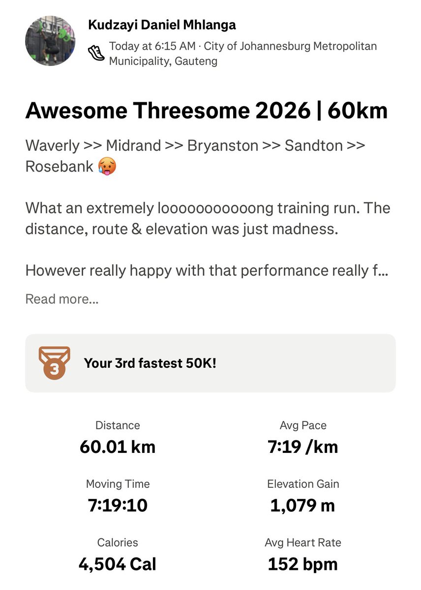 KudzayiDaniel's tweet image. 60km 7hrs 20mins of ONLY PAIN😩

What a crazy loooooooooong run wow.

Awesome Threesome i wish not to speak because what was that?? 

#HybridAthlete #Running