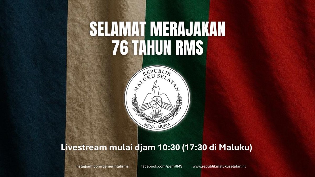 JoesKuijs's tweet photo. Vandaag is het 25 april. Op die dag herdenken Molukkers in Nederland en (in het geheim) op de Molukken de proclamatie van de Republik Maluku Selatan, de Republiek der Zuid-Molukken, in 1950.
Helaas is er in het inclusieve Nederland nauwelijks aandacht of erkenning voor de RMS.(1) https://t.co/UKVzV01c4R