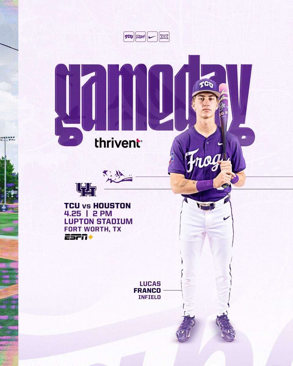 TCU_Baseball's tweet photo. game two with the Cougars 💪

🆚 Houston  
⏰ 2 PM
🏟️ Lupton Stadium
📺 ESPN+
🔗 https://t.co/l5xd55nIeA

#GoFrogs | #FrogballUSA https://t.co/QMS8xBTmUb