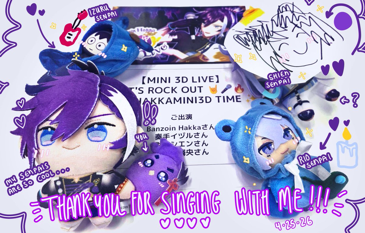 Thank you so much for making today so special my sweet little birds, you guys are seriously the best 🥹💟

I can't believe I got to sing live with my senpais aaa😭✨

(I asked them to bring their nuis and Shien senpai forgot his so we had to improvise... Sasuga... JACKAL BOSS🟣)