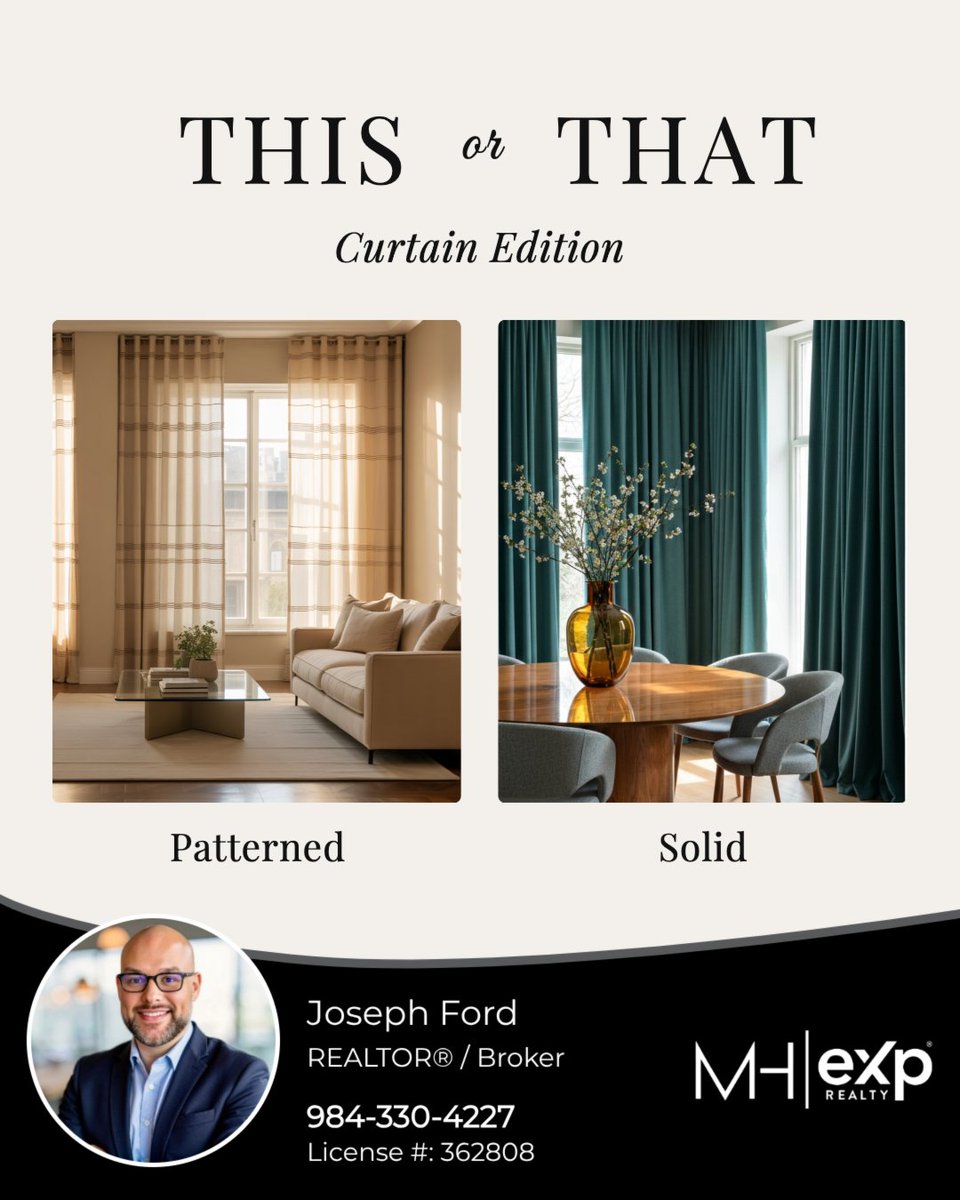 JosephFordeXp's tweet image. Selecting the ideal curtains can truly enhance any room!

When it comes to style and design, do you lean towards a minimalist look with solid colors, or do you prefer vibrant, patterned curtains that add a touch of personality?

#TrianglesTrailblazer #JosephFordeXp #REALTOR
