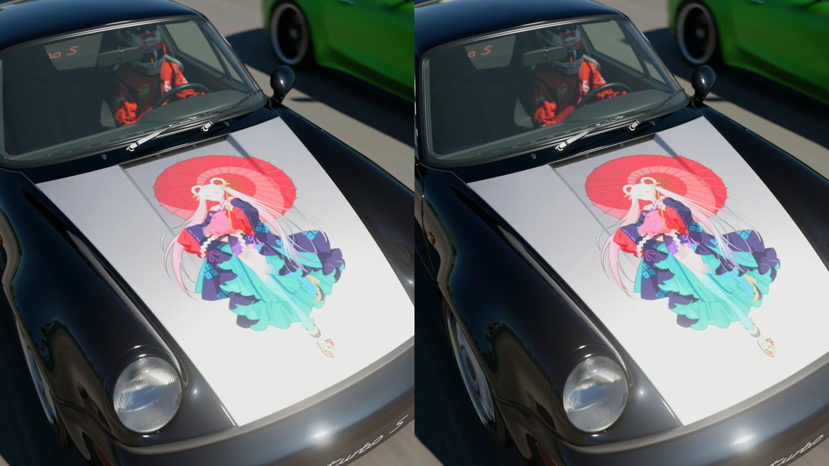 eru0202aki's tweet image. 有志作成デカールを拝借
ヤチヨいいわぁ😊
時間なかったのでただベタ貼りしただけですまん
せっかく良いデカールなのできちんとリバリーしなくちゃね😅
#GranTurismo7 
裸眼立体視　交差法　#stereogram　#stereoscopic
#超かぐや姫