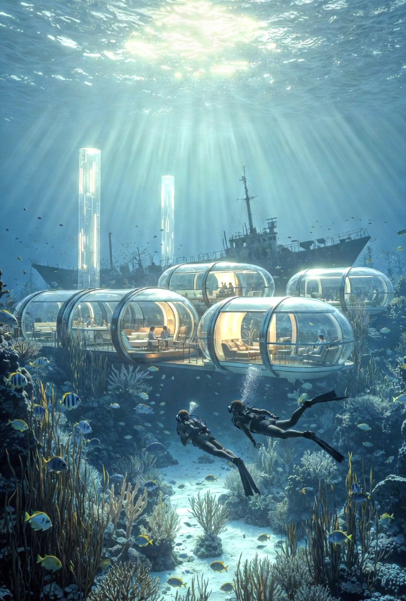 Hubble196's tweet image. The future on our Water Planet. 
I think, in the coming centuries, people will live on—and even in—the ocean if space becomes scarce. People will basically be living in a giant aquarium near the coast.
#sealife #future #ocean
Picture made with Grok.