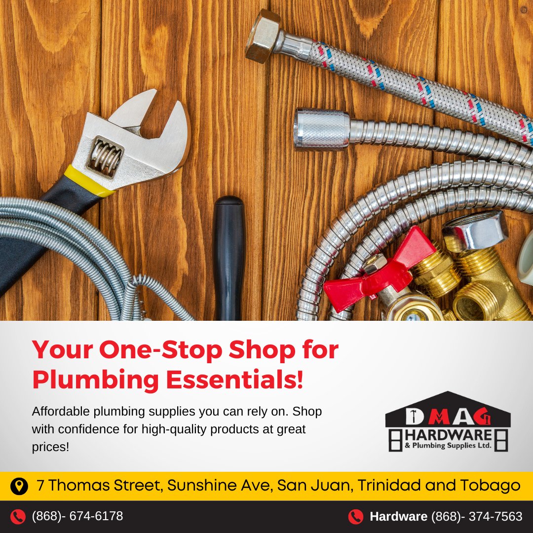 DmagLtd's tweet image. Your Trusted Source for Plumbing Supplies!

Shop with confidence at DMAG Hardware &amp;amp; Plumbing #Supplies for affordable, high-quality #plumbing solutions

Order now!
Contact us at 868-374-7563 via WhatsApp or by calling
📍7 Thomas Street, Sunshine Ave, San Juan, Trinidad and Tobago
