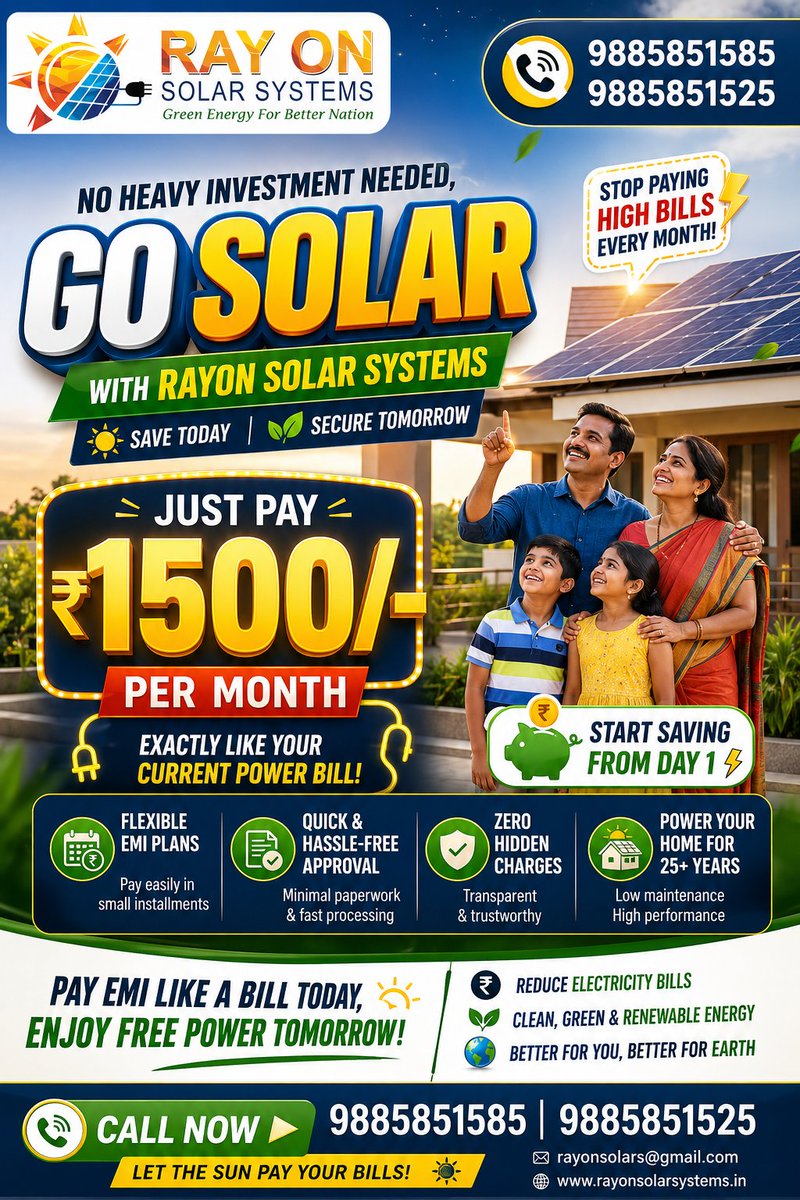 rayonsolars's tweet image. Go Solar Without Heavy Investment!
📞 Call Now:9885851585, 9885851525

#SolarEnergy #TopconSolar #BifacialPanels #GoSolar #SolarPanels #SolarSystem #SolarSavings #GreenEnergy #EcoFriendly #SolarForHome #SolarBenefits #ElectricitySavings #RenewableEnergy #SmartEnergy #SaveEnergy