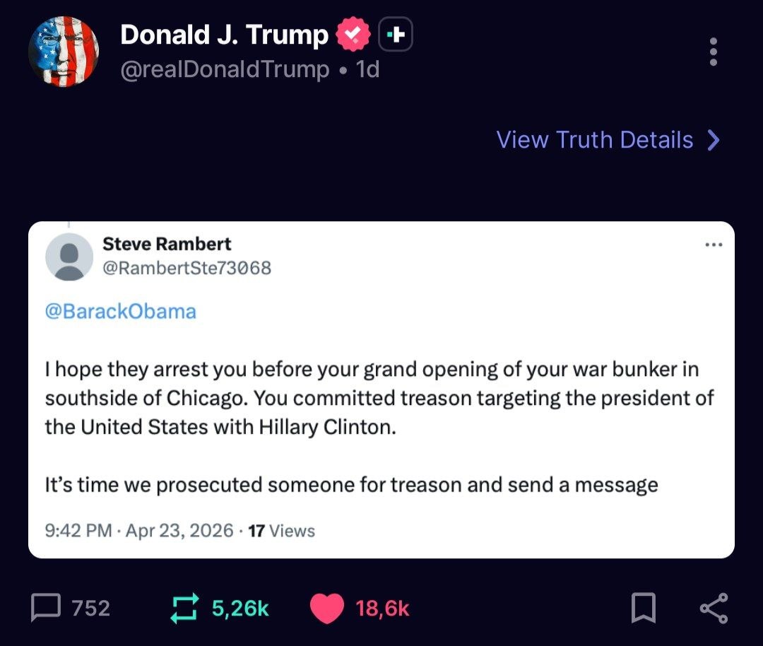 maikpi70's tweet image. Donald #Trump truthed ein Kommentar von Steve Rambert, der direkt an #Obama eine Nachricht geschrieben hat - mit den Worten: 

Steve Rambert
@BarackObama

"Ich hoffe, man verhaftet Sie, bevor Sie Ihren Kriegsbunker im Süden von Chicago feierlich eröffnen. Sie haben Hochverrat