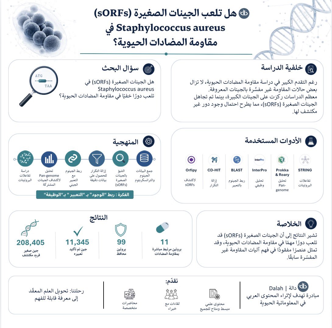 Dalah_Info's tweet photo. تشرفنا في إذاعة دَالّة بلقاء الدكتور بندر الغامدي، في لقاء علمي ثري تناول فيه بحثه والذي يناقش دور الجينات الصغيرة (sORFs) في مقاومة المضادات الحيوية لدى بكتيريا Staphylococcus aureus🦠.

أضاف اللقاء بعدًا علميًا، واستعرض جوانب مهمة من العمل البحثي. 

📌 نشارككم في هذا المنشور أبرز محاور اللقاء وأهم النقاط التي تم التطرق لها.