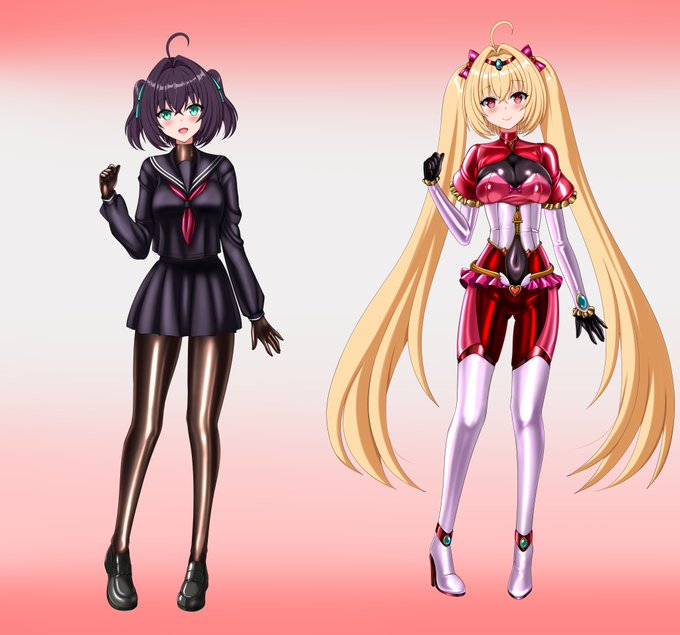 ぴっちり変身ヒロインの変身前と変身後の姿です! 変身前はセーラー×タイツです!この娘実はぴっちりフェチなので・・・変身後は髪と瞳の色そして髪形が変わります! その方が変身強制解除で正体バレした時の周辺の反応が大きくなるのが良いですよね