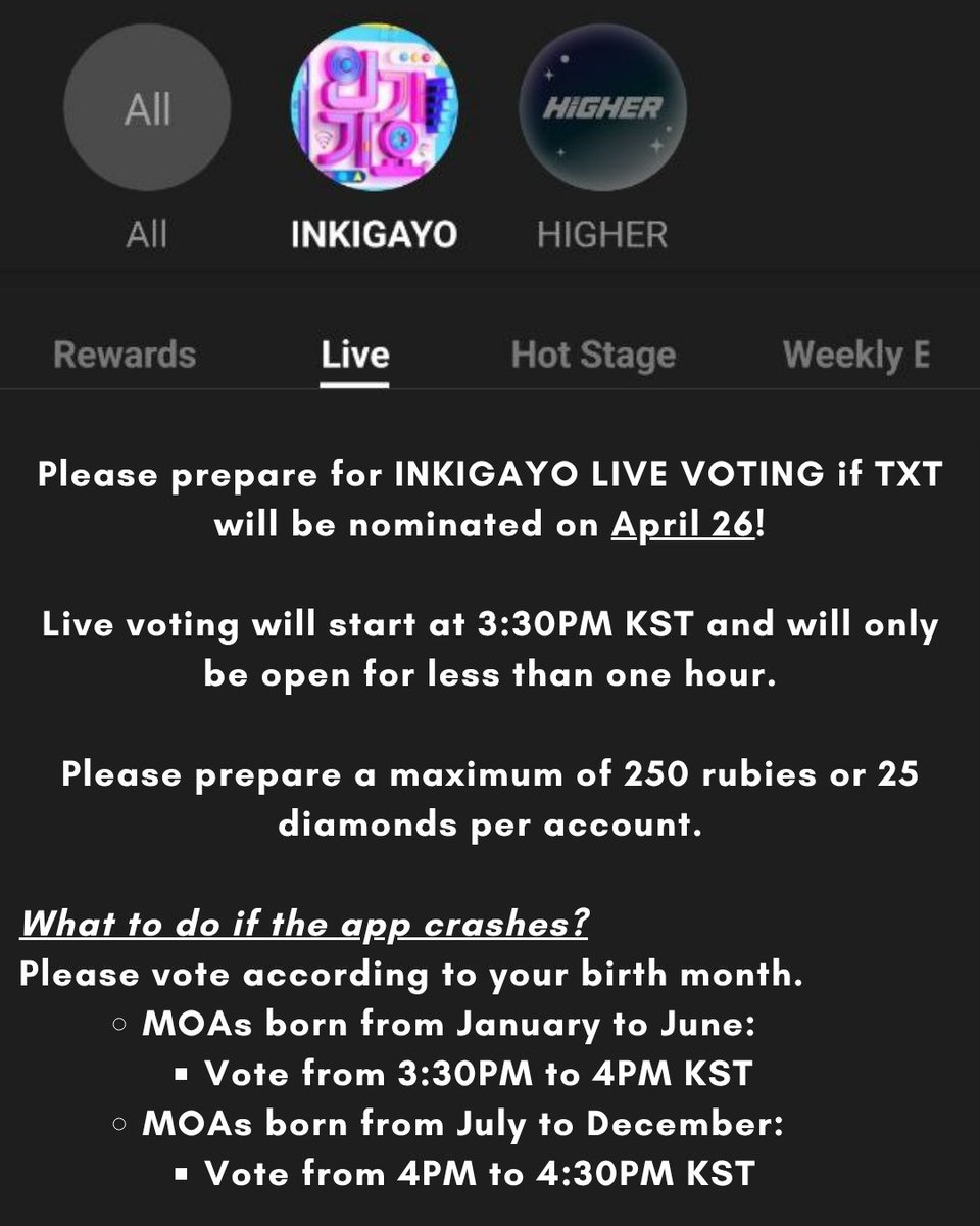txtvotingcrew's tweet photo. Prepare for a LIVE VOTING on INKIGAYO on APRIL 26 📢

Lock in and let's all go out tomorrow! Set your alarms at 3:30PM KST! 

⚠️ HIGHER is known to crash during live voting. Please be prepared and read the note below on what to do!

🗳 Check the tutorial below on how to vote for the live voting 👇

#MO4TXT #MOAisONE 
#TOMORROW_X_TOGETHER