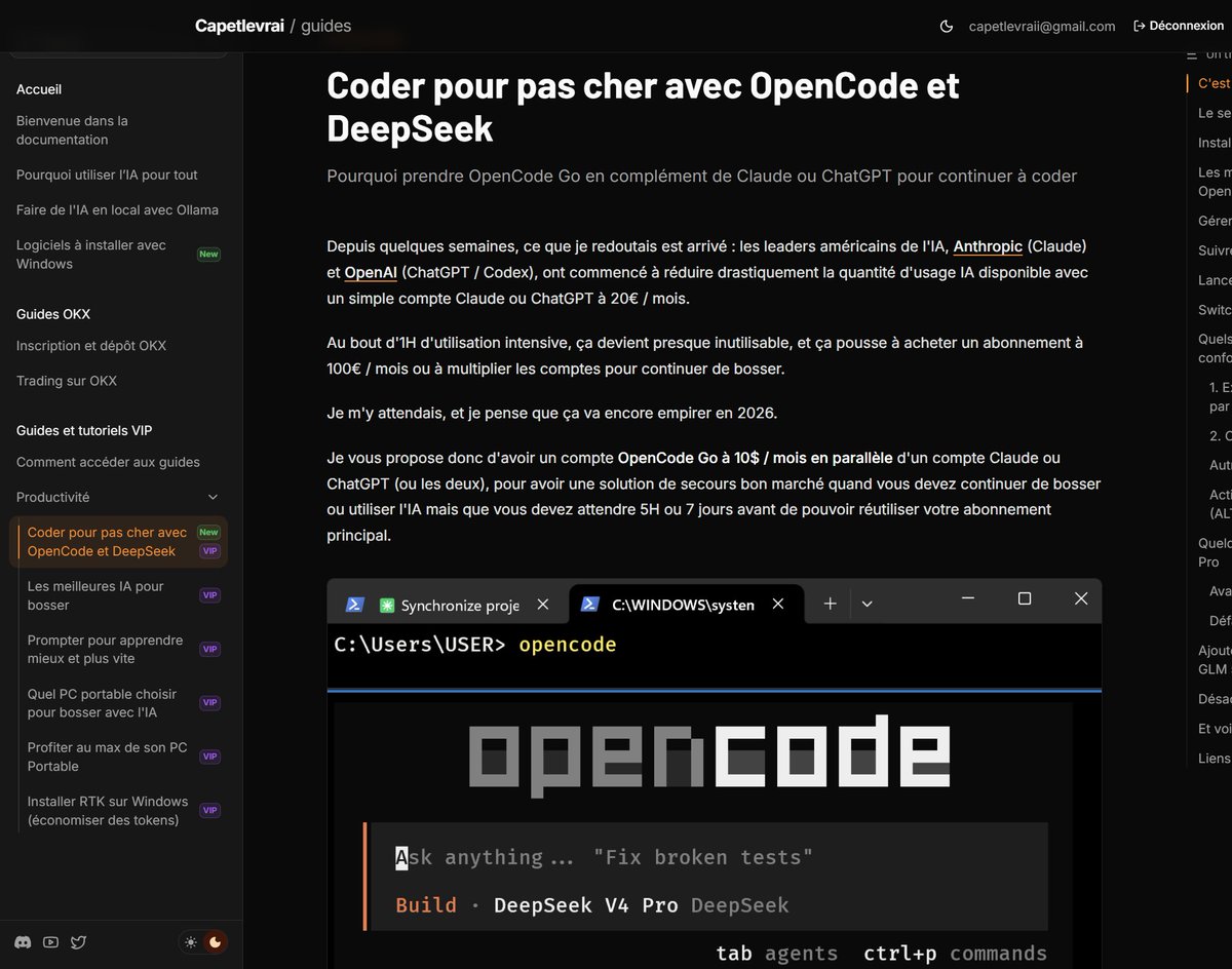 Capetlevrai's tweet photo. Nouveau guide complet VIP sur mon site  ! 

Coder pour pas cher avec @OpenCode et DeepSeek
https://t.co/yVt7LZDbuD

J'explique comment configurer Opencode pour en profiter au max et prompter à fond pour 5$ / mois avec des modèles très puissants. 

Vous avez recommandations de MCP pour améliorer l'expérience de développement et des prompts pour vous aider à tout mettre en place !