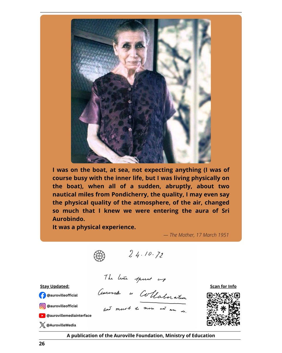 AurovilleMedia's tweet image. ✨ Darshan Day ✨
Auroville Tomorrow – Ushus 2 - Kiran 1 is out.
On this sacred day marking the Mother’s return to Pondicherry,
Auroville’s evolving journey as a living experiment for the future.

#auroville #newsletter #humanunity #aurovillefoundation #themother #sriaurobindo