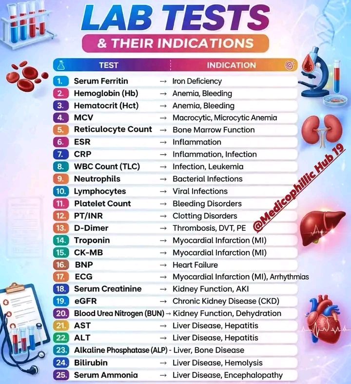 abbasbge's tweet image. Lab Tests And Their Indications 📷📷📷
#LabTests #tests #hemoglobin #anemia #laboratory