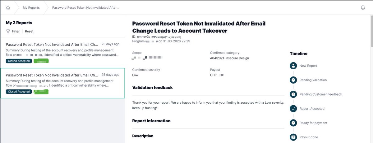 sagar_dh31's tweet image. Filed a low-severity bug just to test triage speed.
Program: approved + bounty ($$$ CHF)
Me: …okay, we’ll take that. 😄

#BugBounty #InfoSec #CyberSecurity #EthicalHacking #Recon #BugHunter #Pentesting #RedTeam #AppSec #WebSecurity #InfosecCommunity #Hackers #BountyHunter