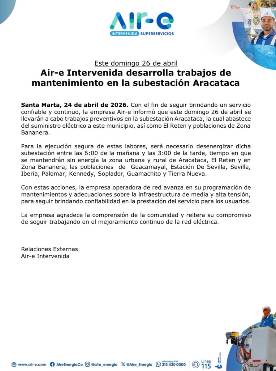 Aire_Energia's tweet image. #MejorasProgramadas en #Magdalena🌀 Trabajamos para seguir brindando a nuestros usuarios un servicio continuo y confiable.  Este domingo 26 de abril adelantaremos trabajos preventivos en la subestación Aracataca, que abastece del servicio a este municipio, así como a El Retén y