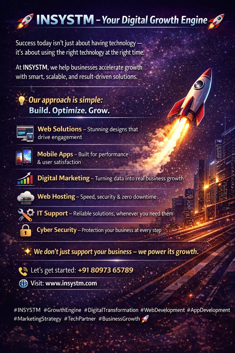 online_insystm's tweet image. 🚀 INSYSTM – Where Ideas Become Digital Success
Turn potential into performance with smart tech solutions.
💻 Websites | 📱 Apps | 📈 Marketing | ☁️ Hosting | 🛠️ Support | 🔐 Security
📞 +91 80973 65789
#INSYSTM #DigitalSuccess #BusinessGrowth 🚀