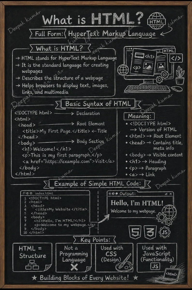 itsdeepak1998's tweet image. 💻 What is HTML? (In 30 seconds ⚡)

👉 HTML = HyperText Markup Language  
👉 It’s the skeleton of every website  

No HTML = No Website ❌

🧠 Simple Breakdown:

#html #webdevelopment #codinglife #learncoding #beginners #techindia #programming #developerlife #studygram #dee