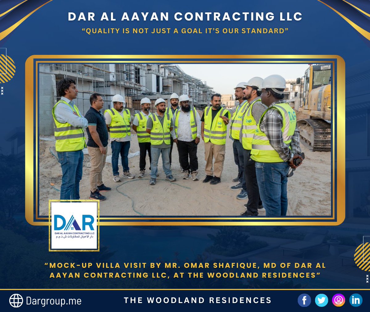 dargroupme's tweet image. Mock-up villa visit by Mr. Omar Shafique, managing director of Dar Al Aayan Contracting LLC, at The Woodland Residences. 
Reviewing every detail to ensure top-quality standards and exceptional finishing. 
#MockupVilla #SiteVisit #ConstructionLife #ProjectInspection #QualityCheck