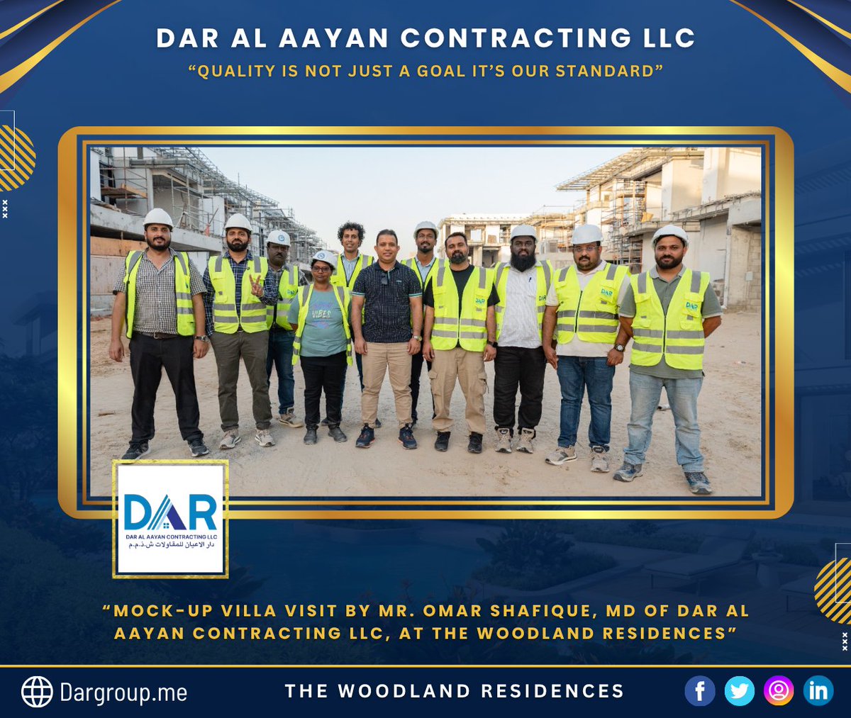 dargroupme's tweet image. Mock-up villa visit by Mr. Omar Shafique, managing director of Dar Al Aayan Contracting LLC, at The Woodland Residences. 
Reviewing every detail to ensure top-quality standards and exceptional finishing. 
#MockupVilla #SiteVisit #ConstructionLife #ProjectInspection #QualityCheck