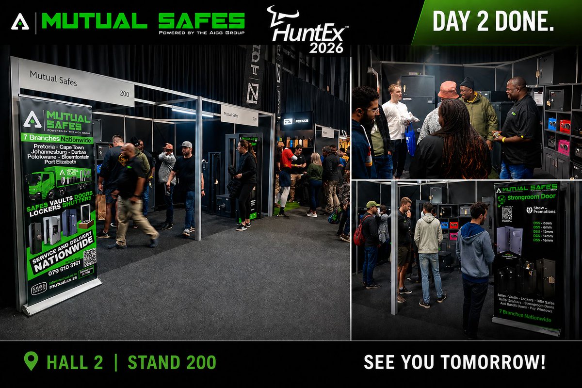 MutualSafes23's tweet image. Day 2 at HUNTEX and the momentum keeps building.
Great conversations, strong interest, and serious security solutions on display.
If you haven’t visited us yet, there’s still time.
📍 Hall 2 | Stand 200
#huntex2026 #secure #security #southafrican