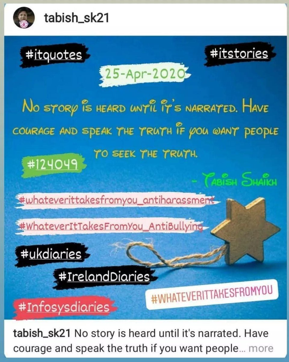 TabishSk21's tweet image. No Story is Heard Until it's Narrated. Have Courage and Speak the Truth if You want People to Seek the Truth!

#WhateverItTakesFromYou
#InfosysDiaries 

#amwriting 

#ITquotes
#itstories
#itconfessions
#whateverittakesfromyou_antiharassment
#antiharassment_whateverittakesfromyou