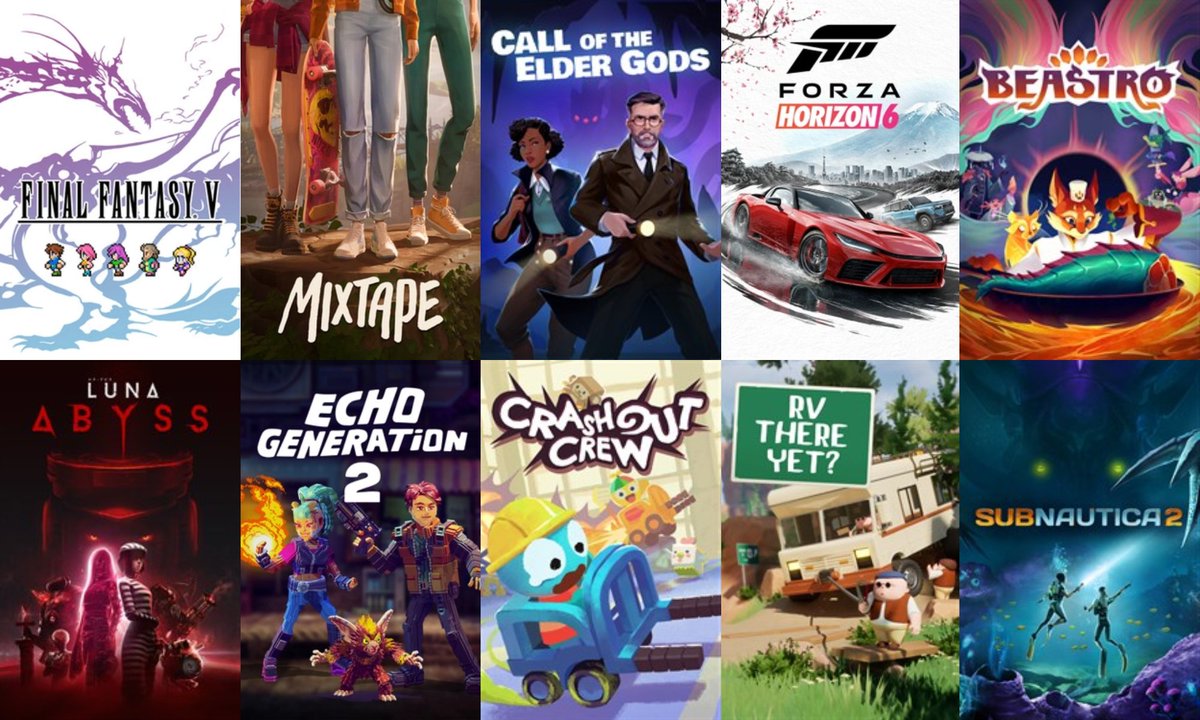10 Games Coming to Xbox Game Pass | May 2026

• Final Fanasty V | May 5
• Mixtape | May 7
• Call of the Elder Gods | May 12
• Forza Horizon 6 | May 19
• Beastro | May 21
• Luna Abyss | May 26
• Echo Generation 2 | May 27
• Crashout Crew | May 28
• RV There Yet? | May TBA