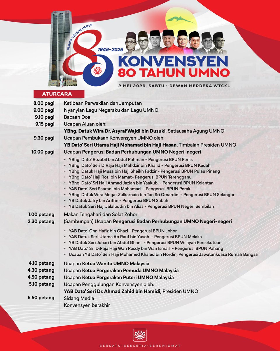 ahmadmaslan's tweet image. 80 Tahun #UMNO.
Jadual aturcara.
Semoga semua berjalan lancar.
UMNO terus mara untuk #rakyat #Malaysia.