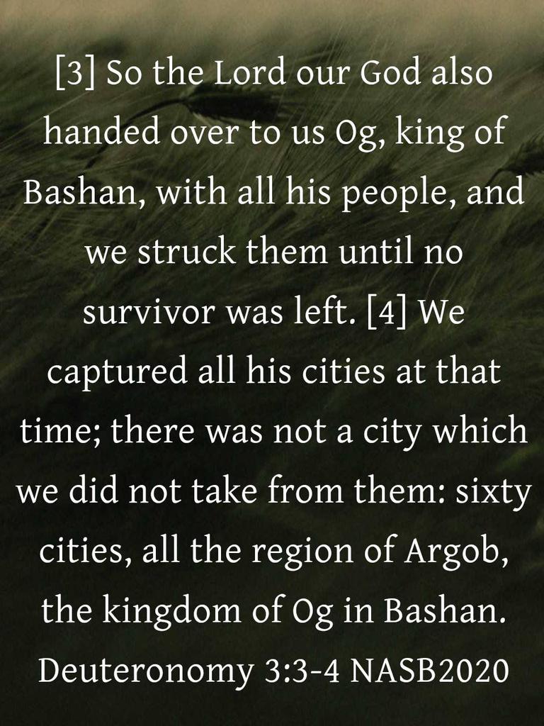 LyaSjoy's tweet photo. Deuteronomy 3:3-4 NASB2020
[3] So the Lord our God also handed over to us Og, king of Bashan, with all his people, and we struck them until no survivor was left. [4] We captured all his cities at that time; there was not a city which we did not take from them: sixty cities... https://t.co/QQLLiNTt0f