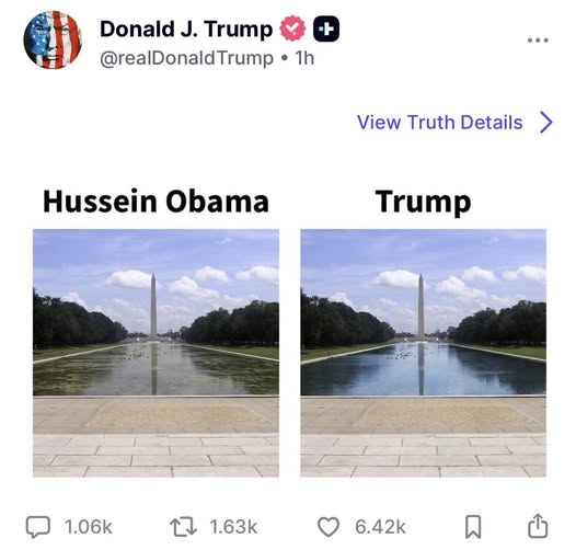 The Lincoln Memorial Reflecting Pool meme Donald Trump just posted is nonsense without context.
That “Obama vs. Trump” comparison? The major reconstruction of the Lincoln Memorial Reflecting Pool happened from 2010 to 2012 under Barack Obama—because the thing was literally