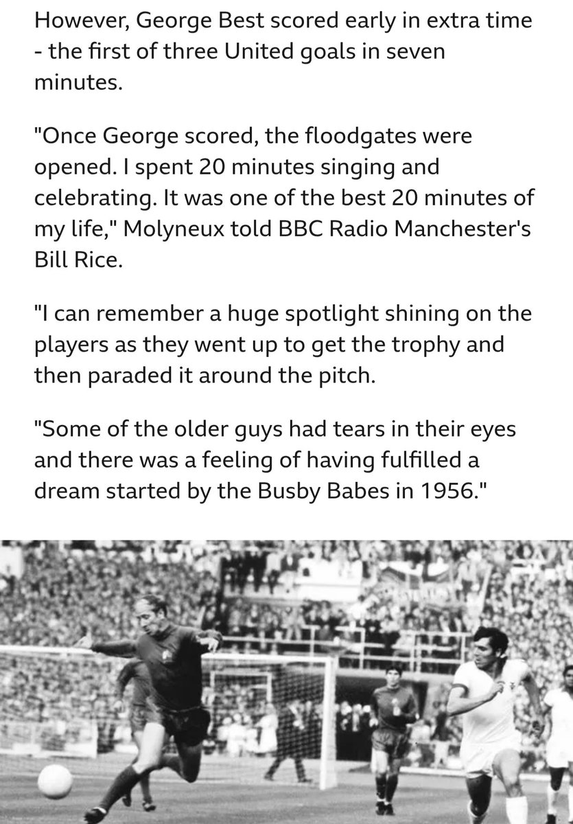 Sedikit banyak jadi baca tentang sejarah ini

Dan menurut saya, yang membuat malam itu berbeda dari sekedar melanjutkan misi 10 tahun yang lalu adalah konteksnya. 

Busby sendiri hampir meninggal di Munich. Dia bangkit, membangun ulang tim dari nol, dan menyelesaikan apa yang