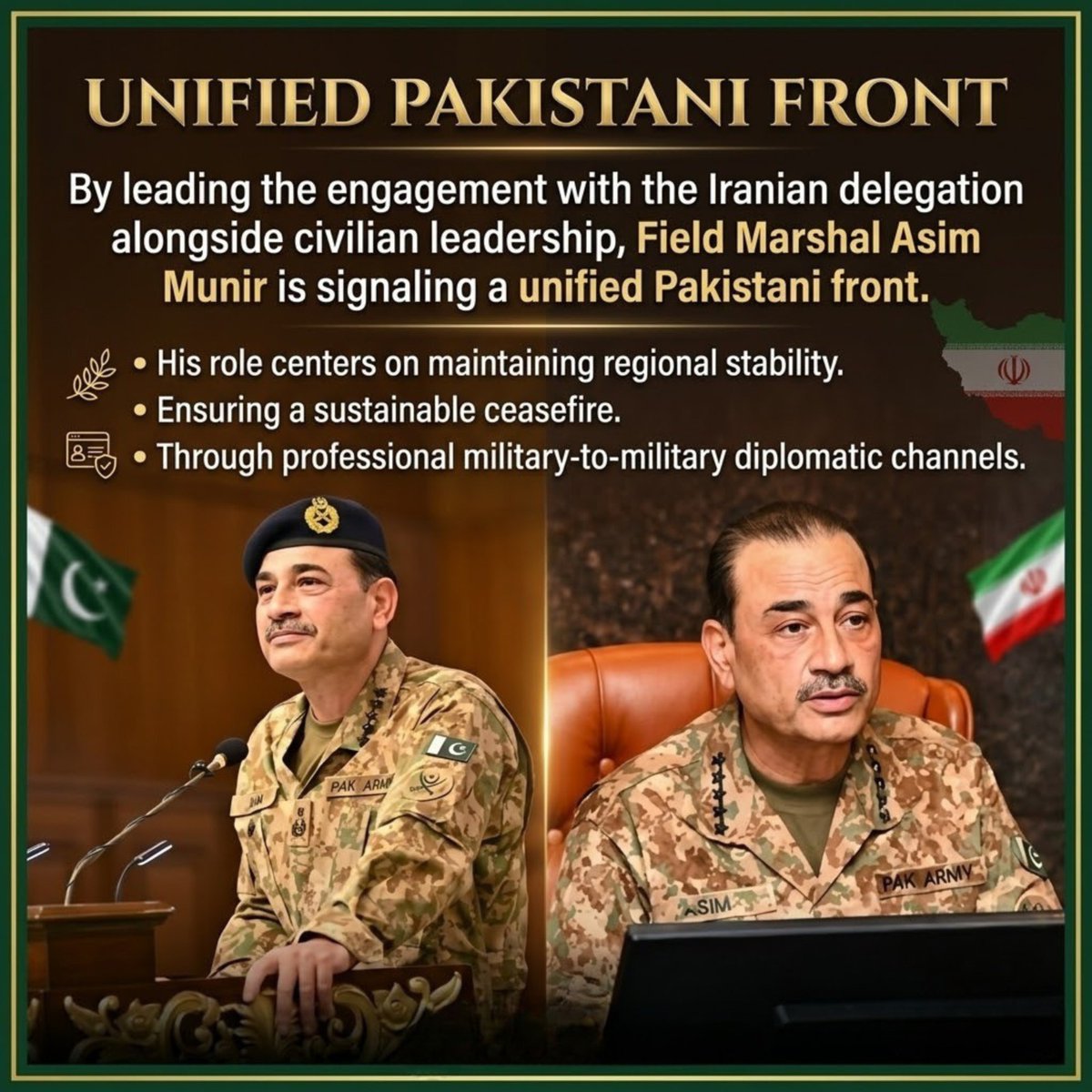 By leading the engagement with the Iranian delegation alongside civilian leadership, Field Marshal Asim Munir is signaling a unified Pakistani front. His role in these talks is centered on maintaining regional stability and ensuring that the ceasefire remains sustainable through