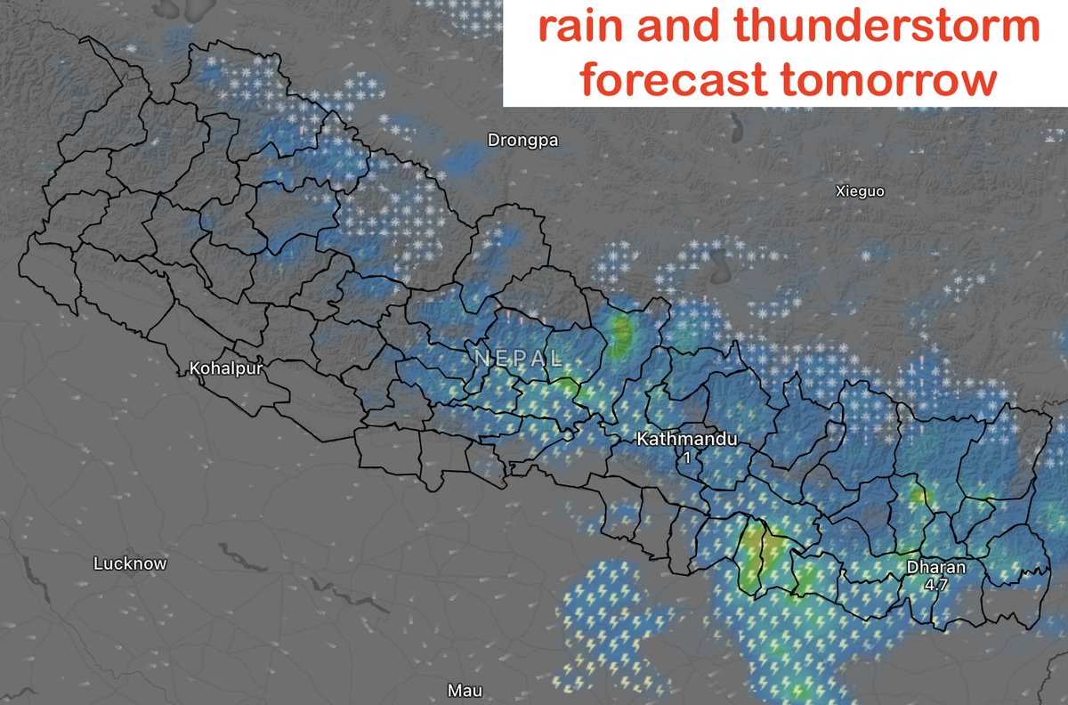 BinodClimate's tweet photo. नेपालको मौसमलाइ कुनै NWP मोडेल्सले पूर्वानुमान गर्न एकदमै कठिन छ तर मोडेल्सले सचेत गराएको थियो मेघगर्जन सहितको वर्षा 
केहि ठाउँमा भारी वर्षा र धेरै ठाउमा हल्का देखि मध्यम वर्षा भएको छ 
भोलिको Forecast अझ धेरै बर्षा हुने देखिन्छ पुर्बी नेपालमा
Heavy rain and thunderstorm in #Nepal https://t.co/CfOWYHeHFO