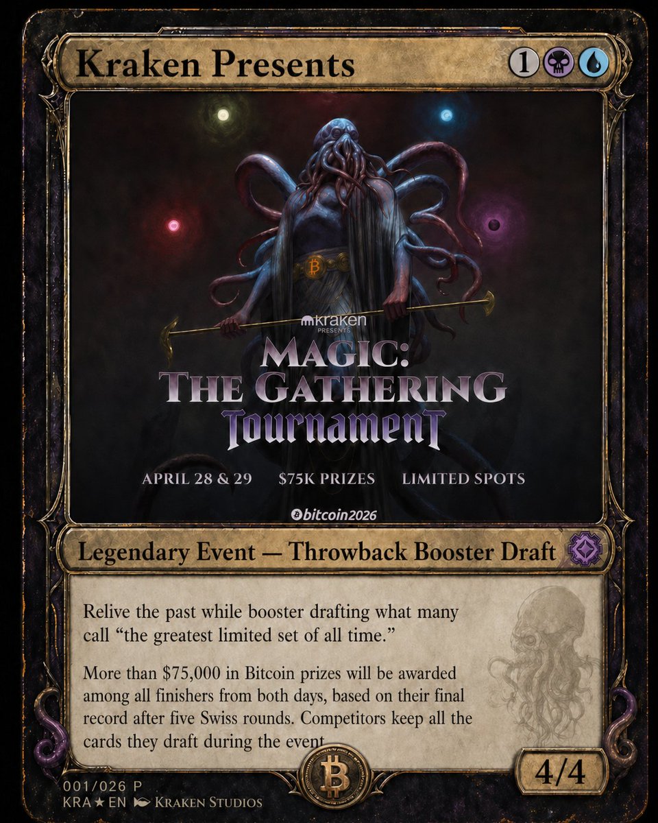 krakenfx's tweet photo. Going to Vegas for Bitcoin 2026? 

If you play Magic, this one's for you. 

Join Kraken at @TheBitcoinConf for a Magic: The Gathering tournament with $75K in prizes across both days. 

Limited spots. Register now ⤵
https://t.co/Hec9XQrOPH https://t.co/ZzfejQtIDh