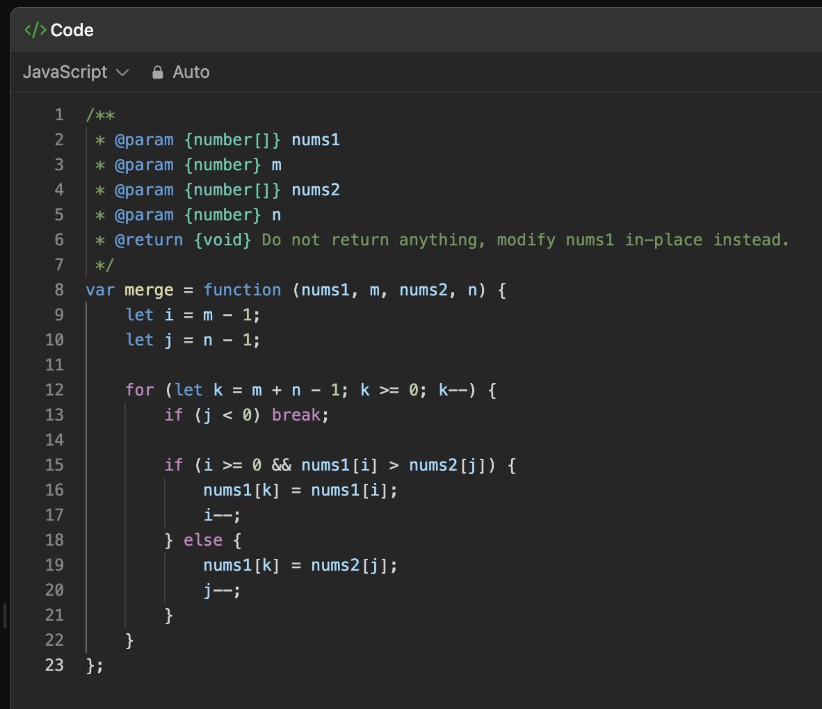 DevChawla04's tweet photo. Merging two sorted arrays in-place  👇

• Start from the end to avoid overwriting values
• Use 3 pointers:
i = last valid in nums1 (m-1)
j = last in nums2 (n-1)
k = last position in nums1 (m+n-1)
• Compare nums1[i] & nums2[j]
• Place the larger at nums1[k]
• Move pointers accordingly
• Stop when nums2 is fully merged