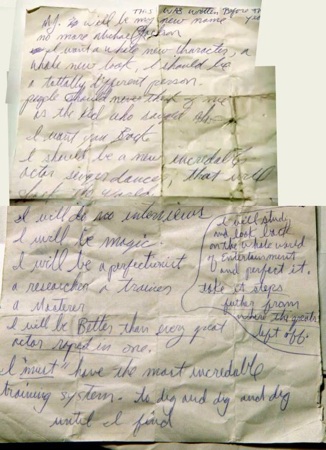 Michael Jackson praticava lei da suposição / atração e praticava o método da carta.
Como podemos ver, ele escreve afirmações de que ele seria perfeito, seria mágico entre outras coisas.