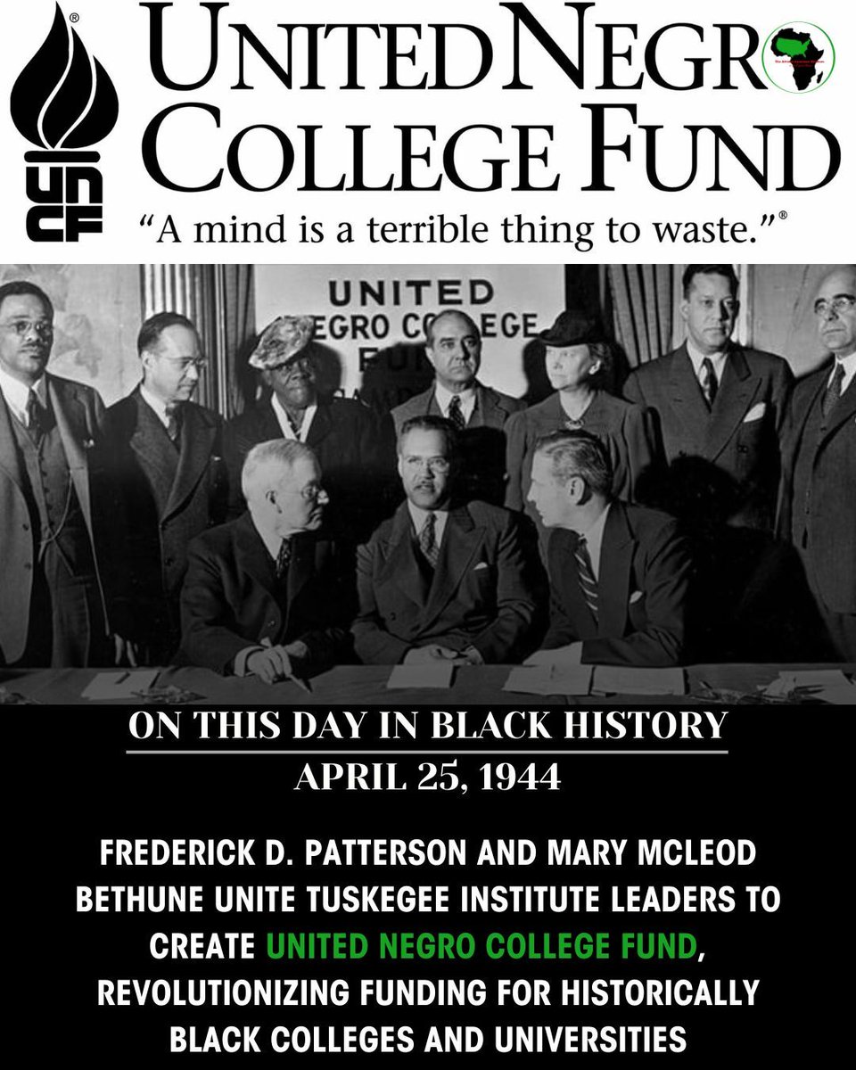 AAM_EM's tweet image. 📚 On This Day in Black History – April 25, 1944 📚

Today we recognize a powerful moment in the fight for educational equity, the founding of the United Negro College Fund (UNCF).

#BlackHistory365 #UNCF #HBCUExcellence #OnThisDay #BlackEducation #MaryMcLeodBethune #Education