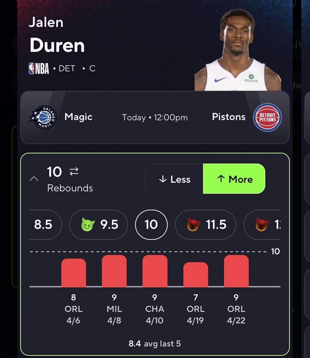 Nochill000's tweet image. DONT LET PRIZEPICKS FOOL YOU🚨🤫

Duren has been UNDER that 10 line every game this series…

     —that trend ends TODAY ☢️

#PrizePicks #NoChill #GamblingX #NBA #Gambling𝕏 #FREE #DetroitBasketball