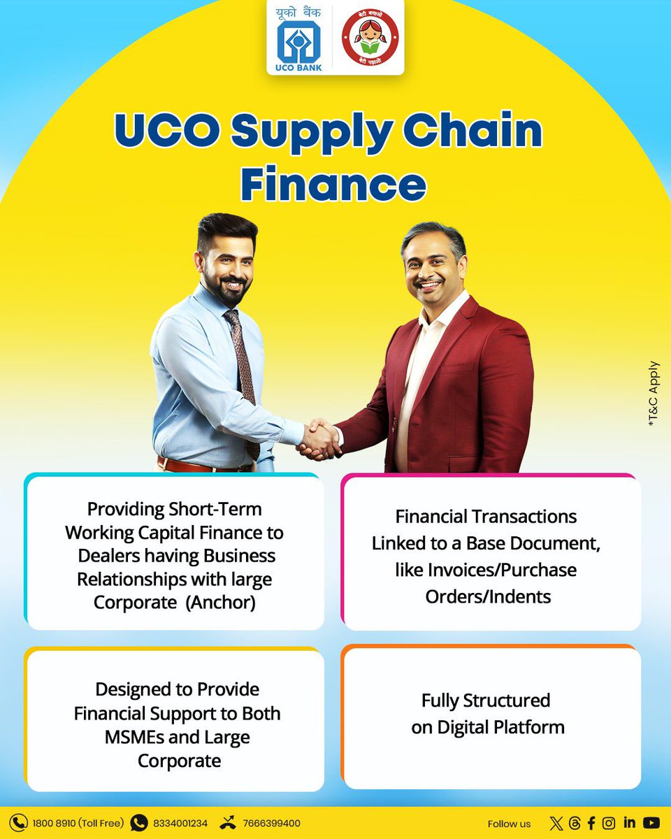 UCOBankOfficial's tweet image. Powering your business, every step of the way 🤝📈
With UCO Supply Chain Finance, unlock seamless working capital and keep your operations moving smoothly.

Smart finance for smarter growth 💙

#UCOBank #SupplyChainFinance #BusinessGrowth #ucobank #ucogoesdigital