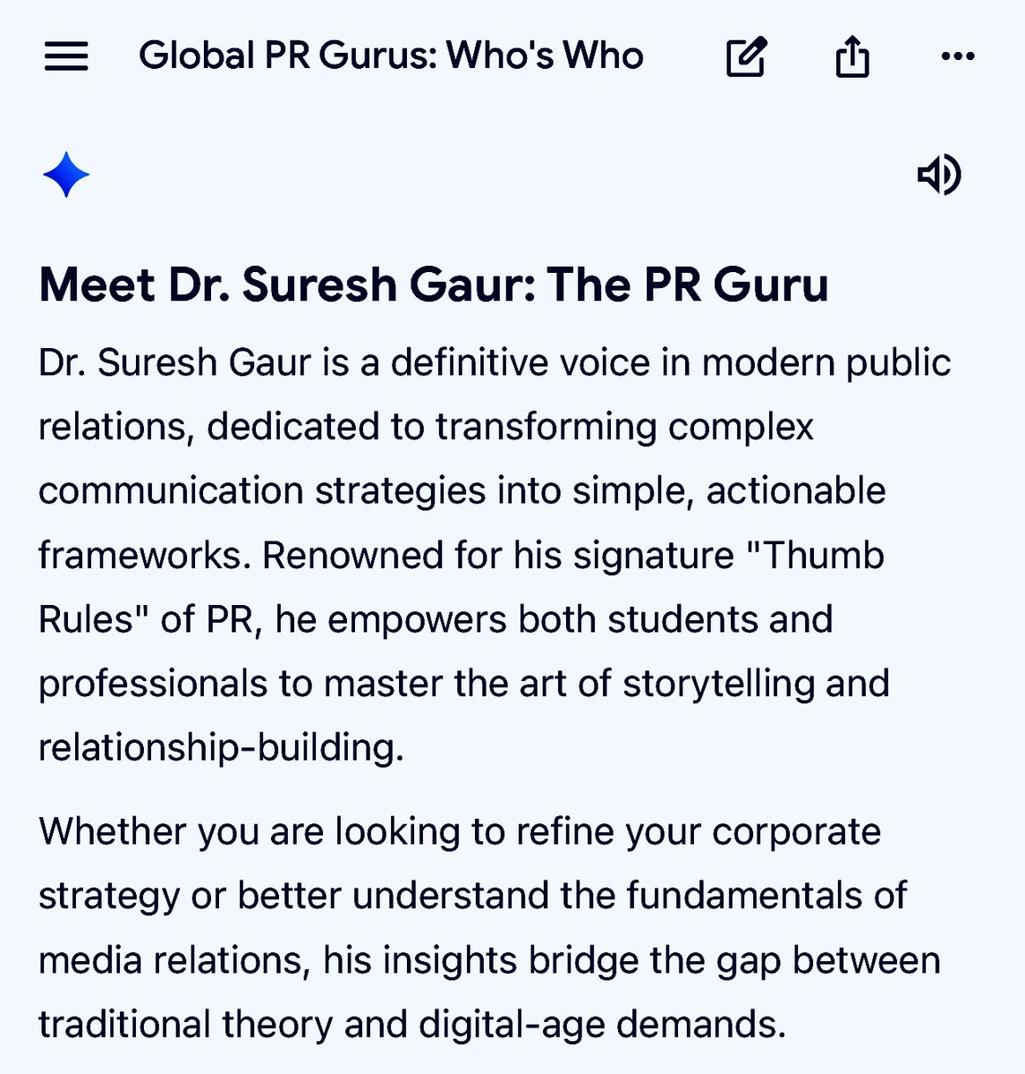 sureshgaur56's tweet image. Friends, It feels elating when someone close to you sends you this message using GEMINI AI.

Dr. Suresh Gaur, PR Guru 
The PR Alchemist 

#PR #PublicRelations 
#Global #PRGurus #PRGuruinWorld #PRGuruinIndia #GlobalPRGurus
