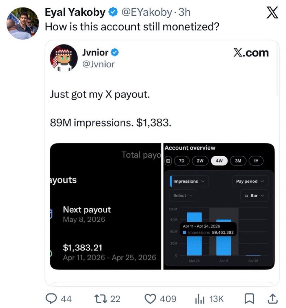 Jvnior's tweet image. I’m going to say the truth.

I’m a Muslim Palestinian on X.

Yesterday my X payouts went from
$8,000 every 2 weeks to $1,000.

I complained about it to @nikitabier.

Many Zionist accounts targeted me.

Told him to remove my monetization.

3 hours later, my monetization is gone.