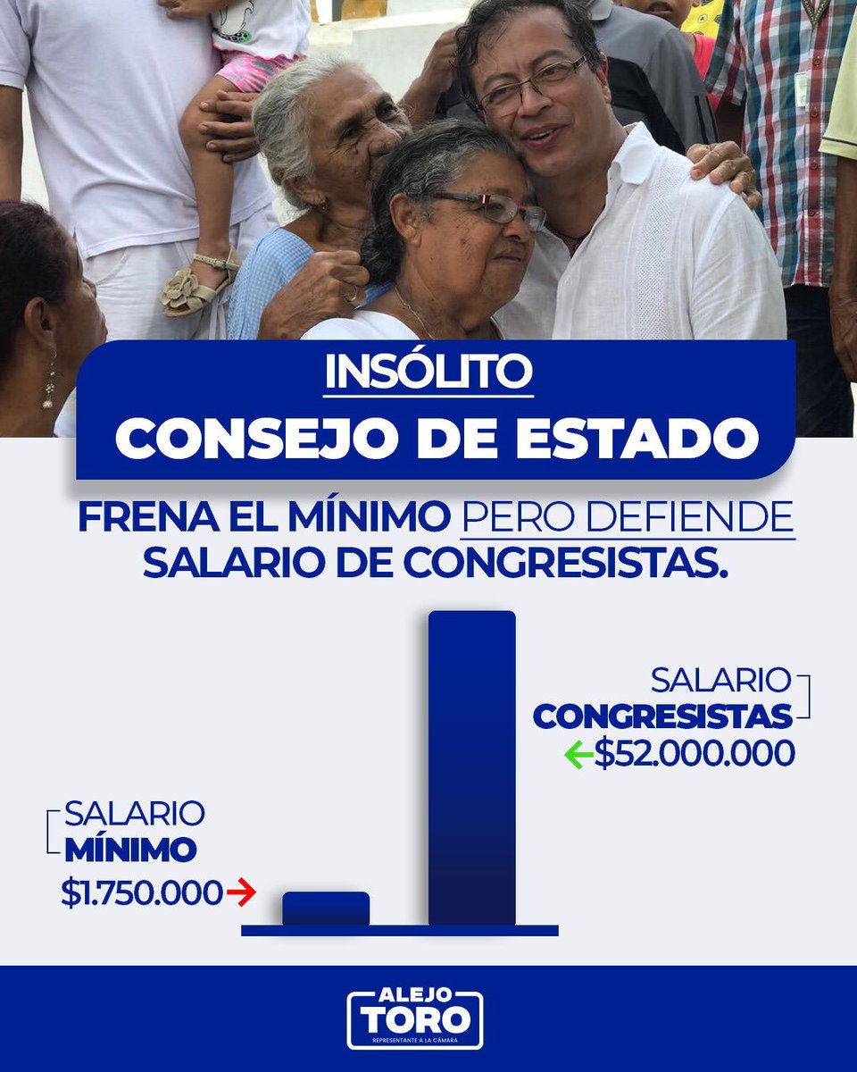 INSÓLITO, PERO NO SORPRENDE‼️ 
La persecución de las élites al aumento del salario mínimo vital mientras demandan la disminución de salarios a congresistas que hoy ganan más de 50 millones de pesos.